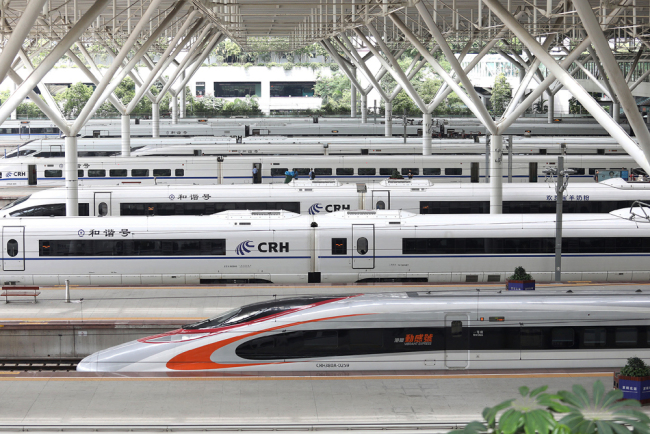 Bullet trains stop at the Shenzhen North Railway Station on August 26, 2018. [File photo: VCG]