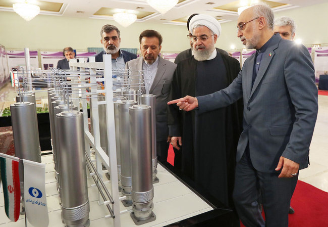 A handout picture made available by the Iranian presidential office shows, Iranian President Hassan Rouhani (2nd L) listening to head of Iran's nuclear technology organisation Ali Akbar Salehi (R) during the "nuclear technology day" in Tehran. [File photo: Iranian Presidency / AFP]