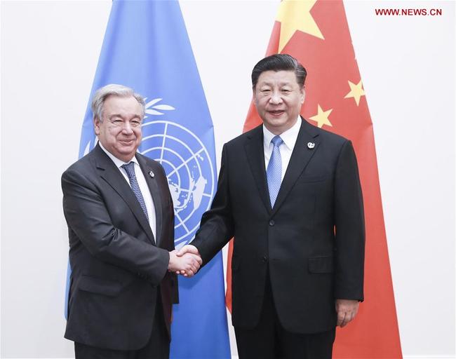 Chinese President Xi Jinping (R) meets with UN Secretary-General Antonio Guterres in Osaka, Japan, June 28, 2019. [Photo: Xinhua/Pang Xinglei]