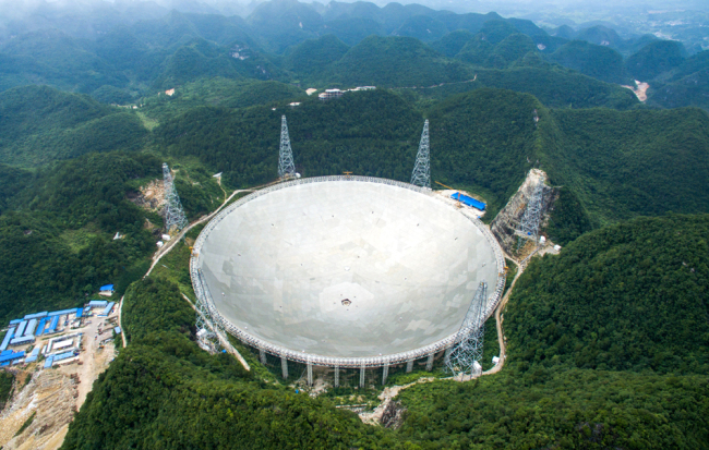 Aerial view of the world's largest radio telescope called FAST (Five-hundred-meter Aperture Spherical Telescope) in Pingtang County, Qiannan Buyi and Miao Autonomous Prefecture, Guizhou Province, March 26, 2019. [Photo: IC]