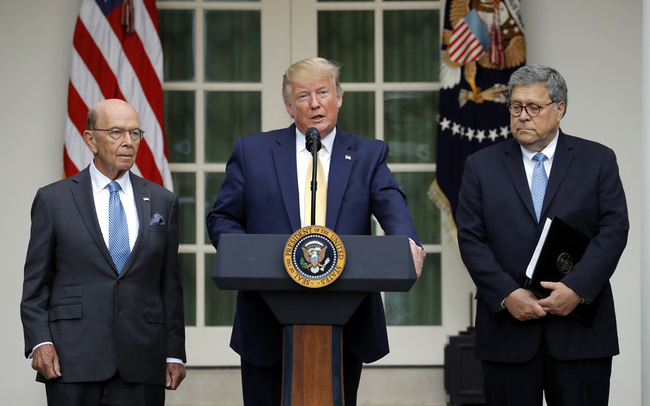 U.S. President Donald Trump is joined by Commerce Secretary Wilbur Ross and Attorney General William Barr, right, as he speaks in the Rose Garden at the White House in Washington, July 11, 2019. [Photo: IC/AP/Carolyn Kaster]