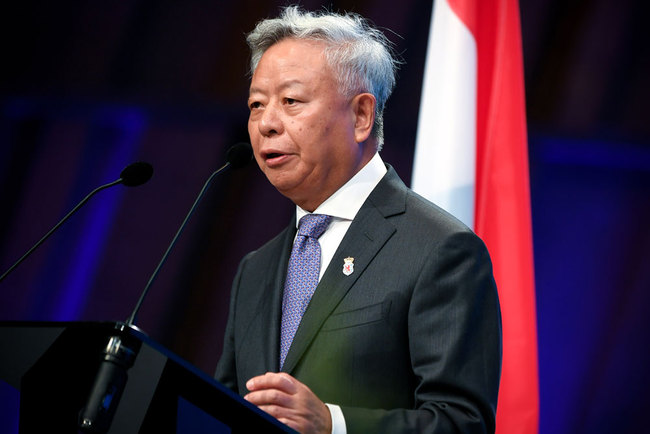 AIIB President Jin Liqun delivers a speech during the 4th annual meeting of the Asian Infrastructure Investment Bank (AIIB) at the European Convention Centre in Luxembourg, July 12, 2019. [File photo: EPA/Sascha Steinbach]