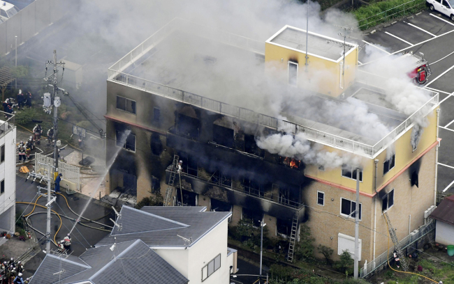 Photo taken July 18, 2019 shows the three-story studio of Kyoto Animation Co. in Kyoto after a man started a fire there. [Photo: IC]