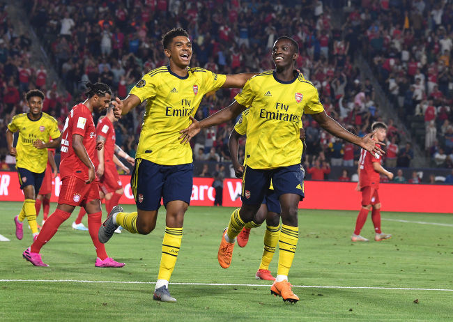 (R) Eddie Nketiah celebrates scoring the 2nd Arsenal goal with Tyreece John-Jules during the friendly match between Arsenal and FC Bayern Munich at Dignity Health Sports Park on July 17, 2019 in Carson, California. [Photo: VCG]