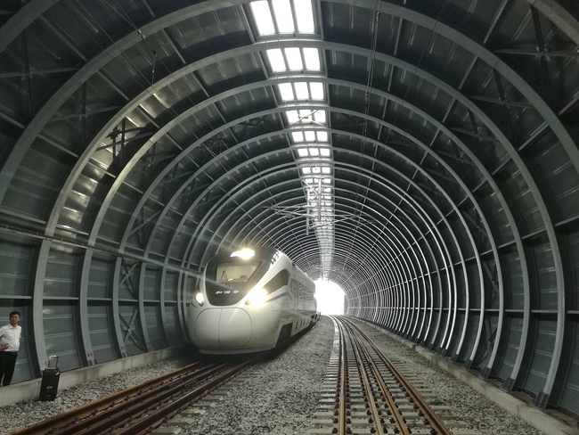 A train passes through a noise barrier along the newly-opened Jiangmen-Zhanjiang Railway. The noise barrier was built to avoid disturbing a nearby habitat to over 30,000 birds. [File Photo: VCG]