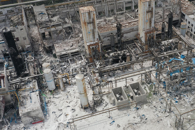 An aerial photo of damages caused by the explosion at Yima Gasification Plant of Henan Coal Chemical Industry Group Co. Ltd. in Sanmenxia city, central China's Henan province, 19 July 2019. [Photo: IC]