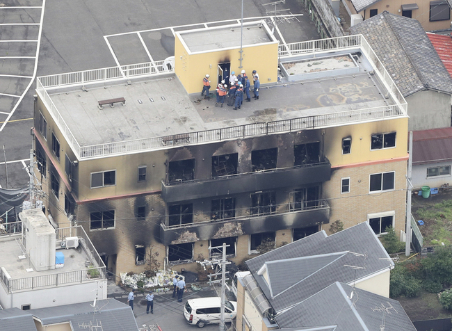 An aerial photo shows officials conduct an investigation at the arson site of Kyoto Animation Co., Ltd. (so-called Kyoani) in Kyoto on July 20, 2019, two days after the case. [Photo: IC/the Yomiuri Shimbun via AP Images]