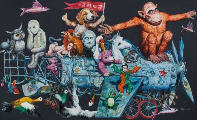 A painting of an ape is on display at an exhibition at Parkview Green Art in Beijing. Renowned Chinese artist Hua Qing's solo painting exhibition opened on Sunday, July 28, 2019. [Photo: China Plus]