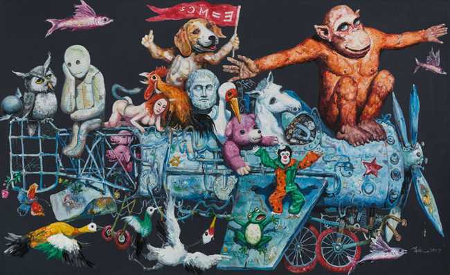 A painting of an ape is on display at an exhibition at Parkview Green Art in Beijing. Renowned Chinese artist Hua Qing's solo painting exhibition opened on Sunday, July 28, 2019. [Photo: China Plus]