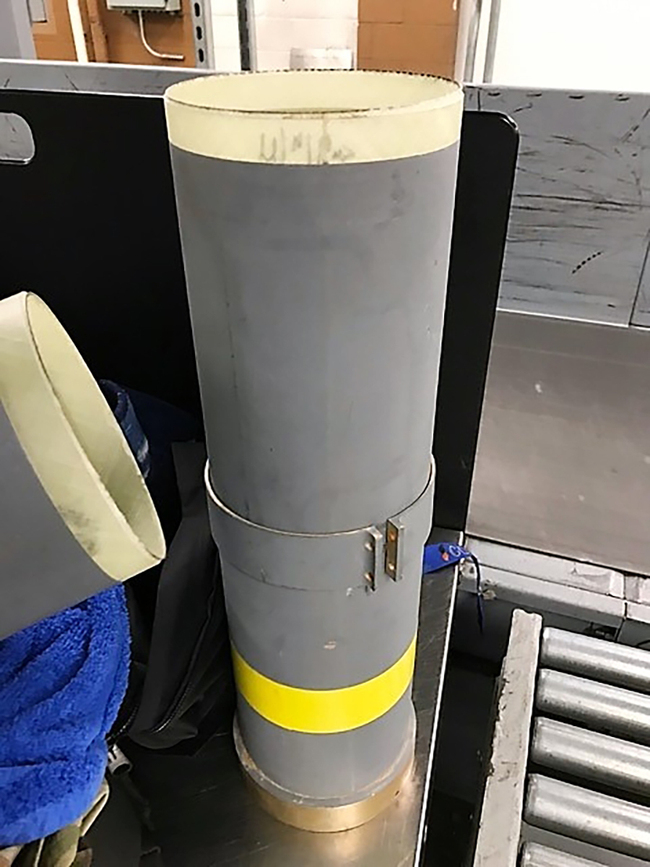 File Photo: In this July 2019 photo released by the The Transportation Security Administration, a section of a missile launcher is seen at Baltimore/Washington International Thurgood Marshall Airport near Baltimore. [Photo: AP/Transportation Security Administration]