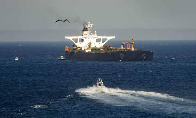 The Iran-flagged Adrian Darya 1, new name for the captured Grace 1 oil tanker, is seen on the water in the British territory of Gibraltar, August 18, 2019. [Photo: AP via IC/Marcos Moreno]