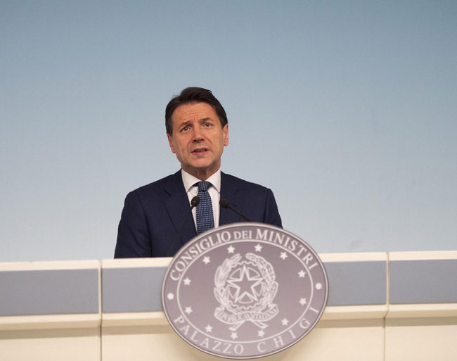 Italian Prime Minister Giuseppe Conte delivers a speech at Chigi Palace, Rome, on August 8, 2019. [Photo: IC]