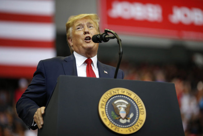 U.S. President Donald Trump speaks during a campaign rally at US Bank Arena in downtown Cincinnati on Thursday, Aug. 1, 2019. [File photo: The Enquirer via USA Today Network via IC/Sam Greene]