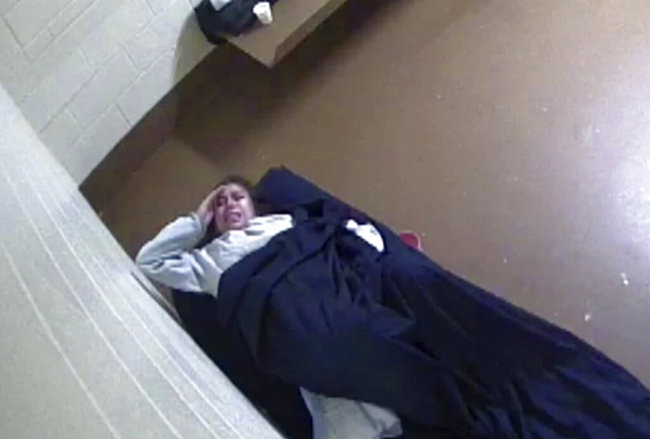 This July 31, 2018 photo from surveillance video released to Killmer, Lane & Newman, LLP law firm by the Denver County Jail shows Diana Sanchez, an inmate about to give birth alone in her Denver jail cell. [File photo: AP]