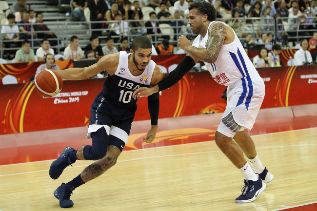 Jayson Tatum #10 of USA in action against Blake Schilb of Czech Republic during the 1st round Group E march between USA and Czech Republic of 2019 FIBA World Cup at the Oriental Sports Center on September 1, 2019 in Shanghai, China. [Photo: Getty Images via VCG/Zhang Lintao]