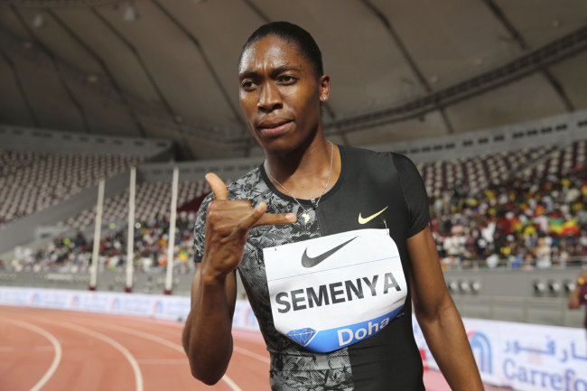 South Africa's Caster Semenya celebrates after winning the gold in the women's 800-meter final during the Diamond League in Doha, Qatar, Friday, May 3, 2019. [Photo: AP /Kamran Jebreili]