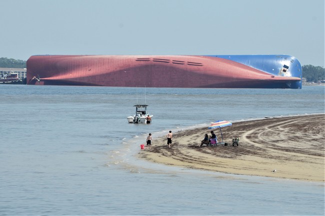 People are shown on Jekyll Island's Driftwood Beach as the Golden Ray cargo ship is capsized in the background, off the Georgia coast, Sunday, Sept. 8, 2019. [Photo: AP/Terry Dickson]