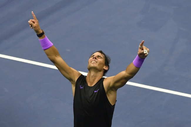 Rafael Nadal, of Spain, reacts after defeating Daniil Medvedev, of Russia, to win the men's singles final of the U.S. Open tennis championships Sunday, Sept. 8, 2019, in New York. [Photo: IC]