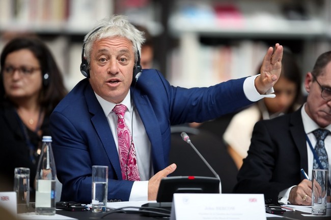 Speaker of the House of Commons John Bercow gestures during a meeting at the G7 parliament’s summit, in Brest, western France on September 6, 2019. [Photo: AFP/David Vincent]