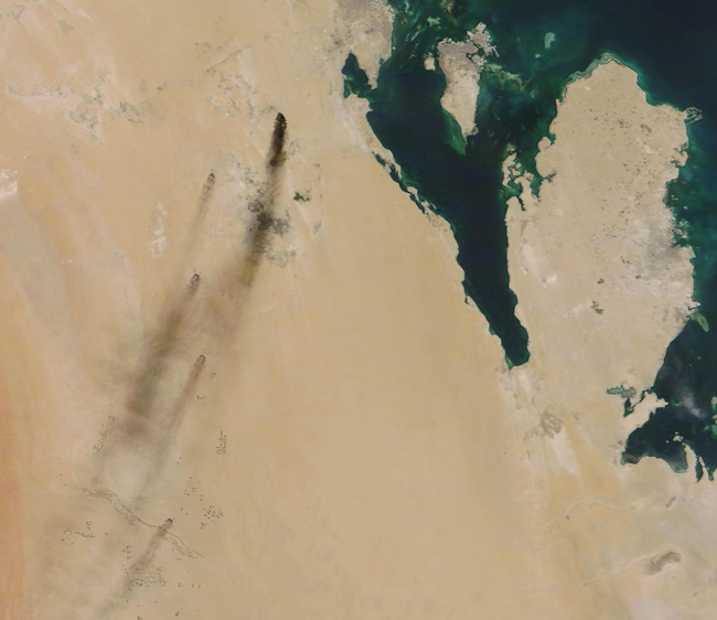 This Saturday, Sept. 14, 2019, satellite image provided by NASA Worldview shows fires following Yemen's Houthi rebels claiming a drone attack on two major oil installations in eastern Saudi Arabia. [Photo: NASA Worldview via AP]