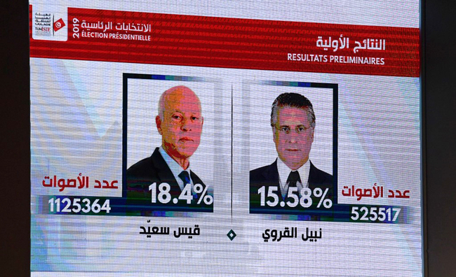 The official results of Tunisia's presidential election are projected on a screen during a press conference held by the Independent Higher Authority for Elections (ISIE) in the capital Tunis on September 17, 2019. Law professor Kais Saied and imprisoned media mogul Nabil Karoui are to advance to the next round of Tunisia's presidential elections, the electoral board said. [Photo: AFP/Fethi Belaid]