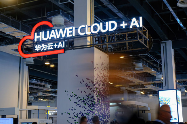 A logo of Huawei Cloud is seen during the 2019 Huawei Connect conference in Shanghai on September 18, 2019. [Photo: STR / AFP]