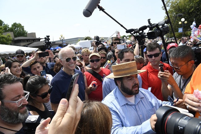 Former Vice President Joe Biden (C) makes his way through supporters as he concludes remarks at the Iowa State Fair Political Soapbox in Des Moines, Iowa, August 8, 2019. [File Photo: UPI via IC/Mike Theiler]