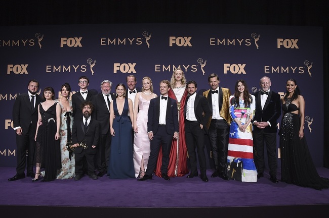 The cast of "Game of Thrones," winners of the award for outstanding drama series, pose in the press room at the 71st Primetime Emmy Awards on Sunday, Sept. 22, 2019, at the Microsoft Theater in Los Angeles. [Photo: AP via IC/Jordan Strauss]