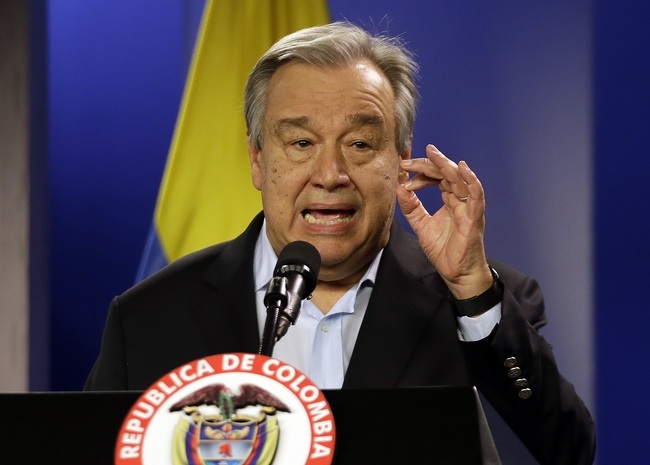 Jan. 13, 2018 file photo, U.N. Secretary-General Antonio Guterres talks to the media during a join declaration with the Colombian president, in Bogota, Colombia. [Photo: AP]