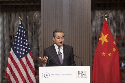 Chinese State Councilor and Foreign Minister Wang Yi delivers a keynote speech at a dinner co-hosted by the National Committee on U.S.-China Relations, the U.S.-China Business Council, the U.S. Chamber of Commerce and the Council on Foreign Relations, on Tuesday, September 24, 2019, in New York. [Photo: fmprc.gov.cn]