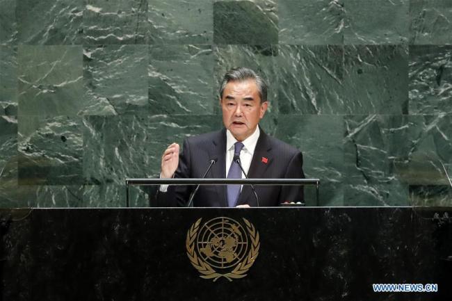 Chinese State Councilor and Foreign Minister Wang Yi addresses the General Debate of the 74th session of the UN General Assembly at the UN headquarters in New York, on Sept. 27, 2019. [Photo: Xinhua/Li Muzi]