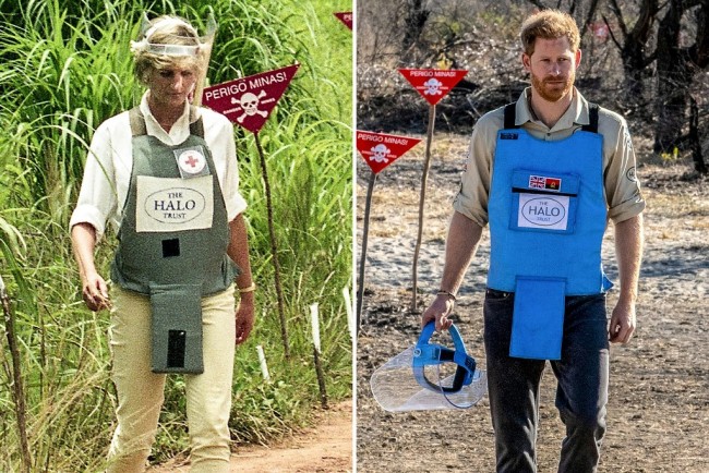 A combination of images shows handout photos made available by the HALO Trust of Prince Harry, Duke of Sussex (R), visiting the minefield in Dirico, Angola on September 27, 2019 and his late mother Diana, Princess of Wales, during her visit to a minefield in Angola on January 15, 1997. Britain's Prince Harry on September 27, 2019 walked through a cleared minefield in Angola, tracing his late mother's footsteps to draw attention to a country that remains plagued by landmines. [Photo: AFP]