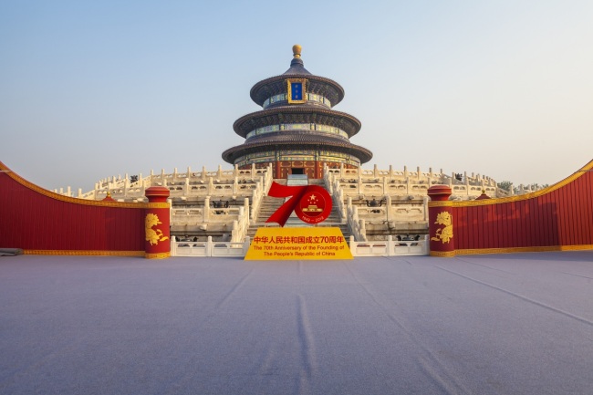 The Temple of Heaven in Beijing is decorated for the celebration of the 70th anniversary of the founding of the People’s Republic of China, Sep 30, 2019. [Photo: VCG]