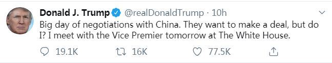 U.S. President Donald Trump tweets on Thursday, October 10, 2019 saying that he would meet Chinese Vice-Premier Liu He at the White House on Friday on the sidelines of the new round of China-U.S. high-level economic and trade consultations. [Screenshot: China Plus]
