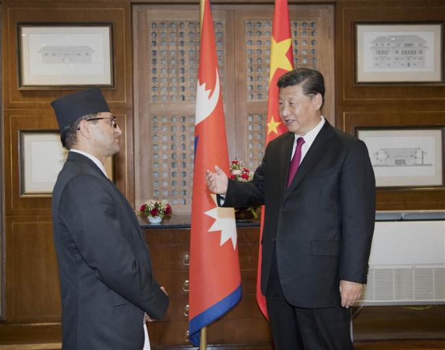 Chinese President Xi Jinping meets with Chairman of National Assembly of Nepal Ganesh Prasad Timilsina in Kathmandu, Nepal, Oct. 12, 2019. [Photo: Xinhua/Li Xueren]
