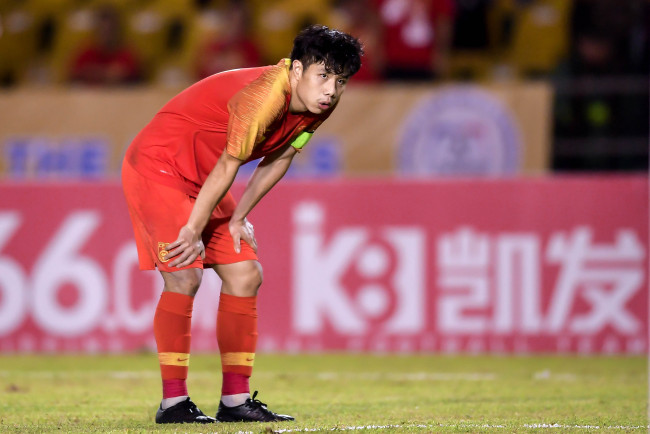 China captain Hao Junming during the game between China and the Philippines at the 2022 FIFA World Cup Asian qualifier in Bacolod, the Philippines on Oct 15, 2019. [Photo: IC]