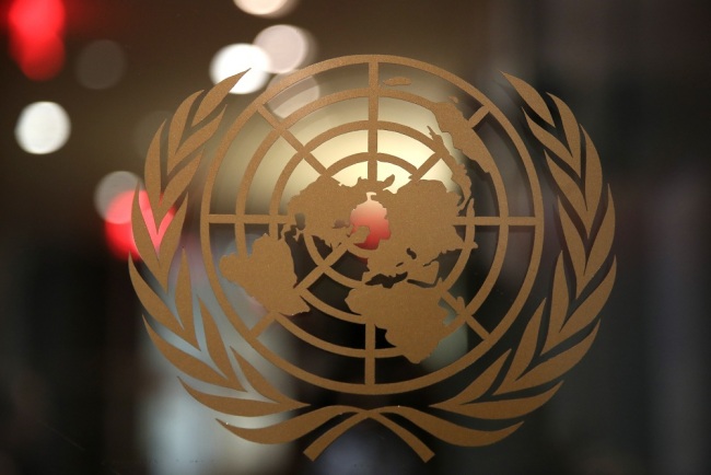 The UN logo on a door at the Headquarters of the United Nations. [File Photo: IC]