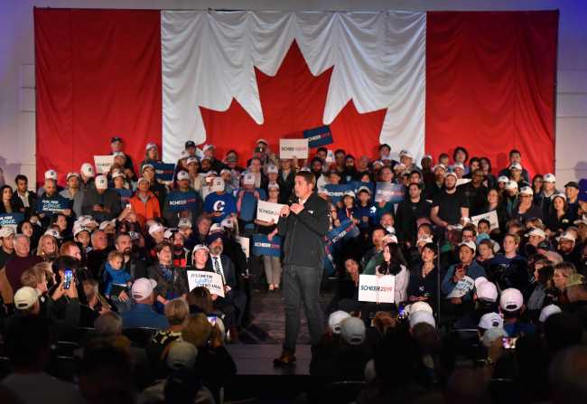 Andrew Scheer, Leader of The Progressive Conservative Party of Canada, speaks to party faithful at a rally in Richmond BC, Canada October 20, 2019. [Photo: AFP/ Don MacKinnon] 