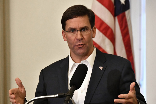 In this Friday, Oct. 4, 2019 file photo, Defense Secretary Mark Esper speaks to a gathering of soldiers at the University Club at the University of Louisville in Louisville, Kentucky. [File Photo: AP/Timothy D. Easley]