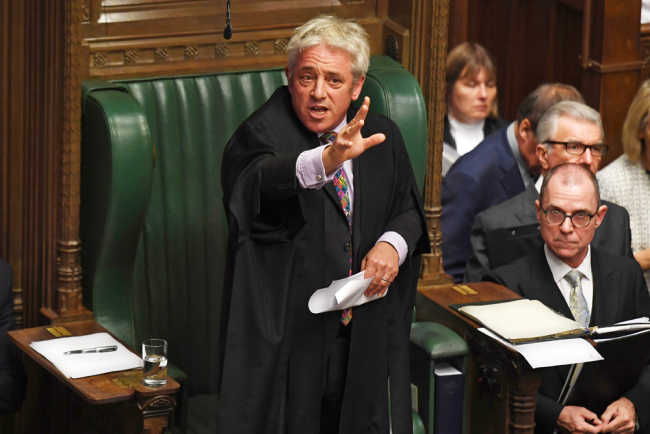 A handout photograph released by the UK Parliament shows UK Parliament Speaker John Bercow speaking in the House of Commons in London on October 21, 2019, on the European Union (EU) Withdrawal Act 2018 Motion. [Photo: AFP/Uk Parliament/Jessica Taylor]