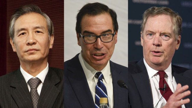 Chinese Vice Premier Liu He (L), U.S. Treasury Secretary Steven Mnuchin (C) and Trade Representative Robert Lighthizer. They discussed China-U.S. trade issues in a phone call on Friday, Sept. 25, 2019. [File photo: China Plus]