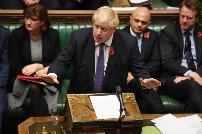 A handout picture released by the UK Parliament shows Britain's Prime Minister Boris Johnson speaking in parliament prior to a vote on an early election in London on October 28, 2019. [Photo: AFP/JESSICA TAYLOR/UK PARLIAMENT] 