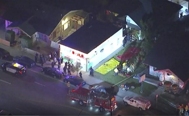In this aerial image made from video shows the scene where emergency workers have cordoned off an area to deal with victims of a shooting, early Wednesday, Oct. 30, 2019, in Long Beach, Ca. [Photo: KABC via AP]