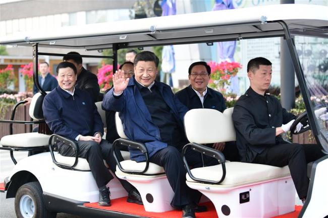 Chinese President Xi Jinping, also general secretary of the Communist Party of China Central Committee and chairman of the Central Military Commission, makes an inspection in Yangpu District of Shanghai, east China, Nov. 2, 2019. Xi went on an inspection tour in China's economic hub Shanghai Saturday. [Photo: Xinhua/Xie Huanchi]