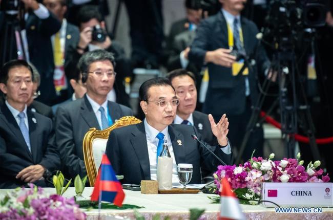 Chinese Premier Li Keqiang addresses the 22nd China-ASEAN (10+1) leaders' meeting in Bangkok, Thailand, Nov. 3, 2019. [Photo: Xinhua/Zhai Jianlan]