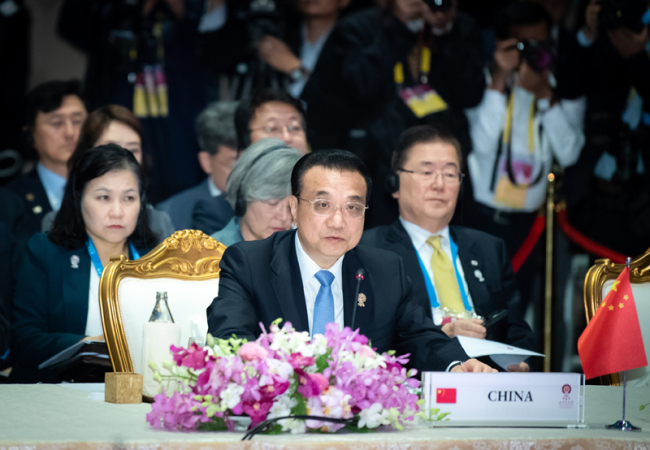 Chinese Premier Li Keqiang speaks at the 22nd ASEAN-China, Japan and South Korea (10+3) leaders' meeting in Bangkok on Monday, November 4, 2019. [Photo: gov.cn]