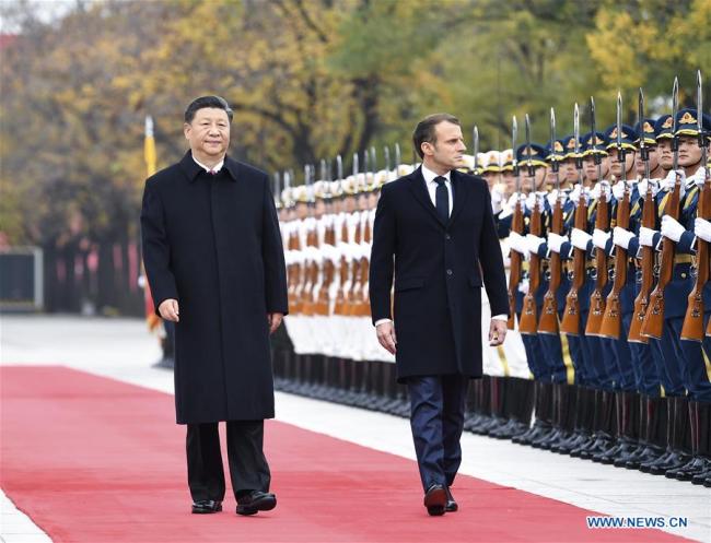 Chinese President Xi Jinping holds a welcome ceremony for French President Emmanuel Macron before their talks in Beijing, capital of China, Nov. 6, 2019. [Photo: Xinhua/Yan Yan]
