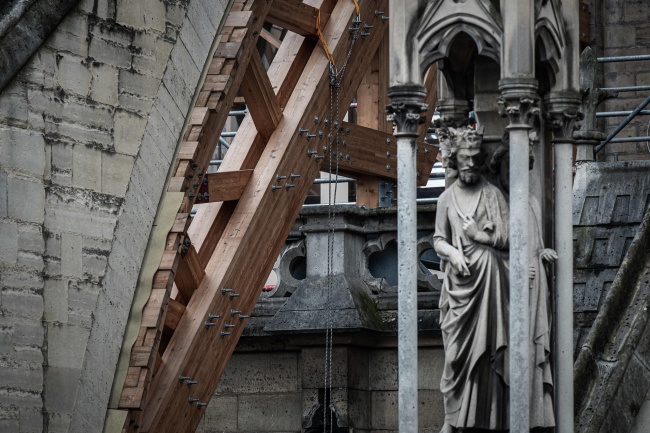 This picture taken on October 15, 2019 shows wood structures supporting buttress at the Notre-Dame Cathedral in Paris, six months after the April 15 blaze, as reconstruction process is shaping up to be much more complex than many anticipated. [Photo: PHILIPPE LOPEZ/AFP]
