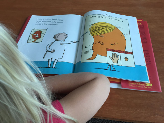 This photo illustration shows a young girl reading "A Child's First Book of Trump" with text by Michael Ian Black and illustrations by Marc Rosenthal on July 1, 2016 in New York City. [Photo: AFP]