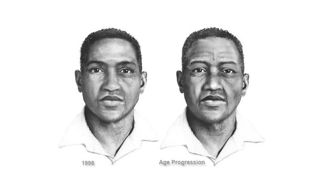 File Photo: A 1998 sketch and age progression sketch of the Potomoc River rapist suspect. [Photo credit to FBI]